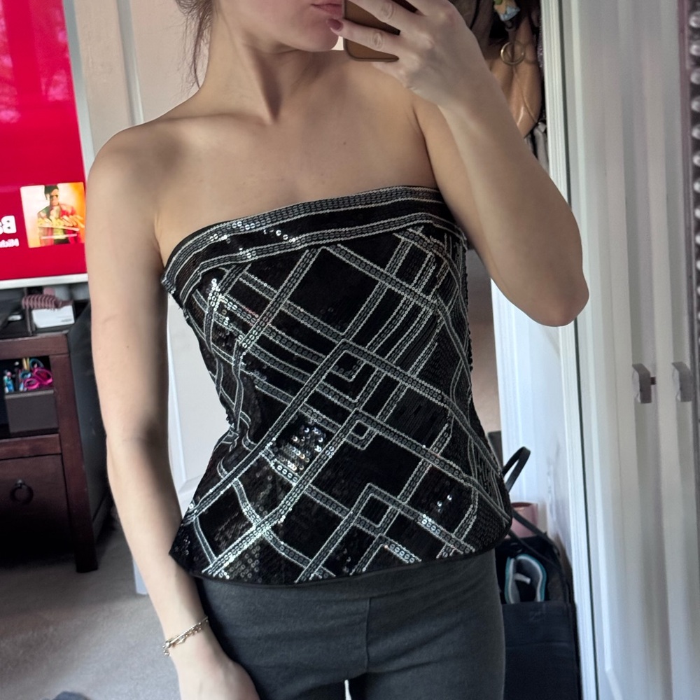 White House Black Market Black Sequin Strapless Top